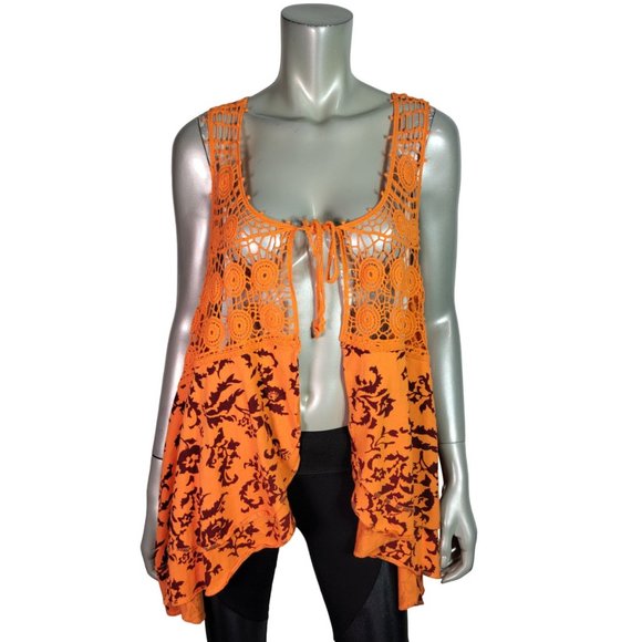 Denim 24/7 Top Plus Size 1X Crochet Stretch Open Tie Front Square‎ Neck Orange - Picture 1 of 6